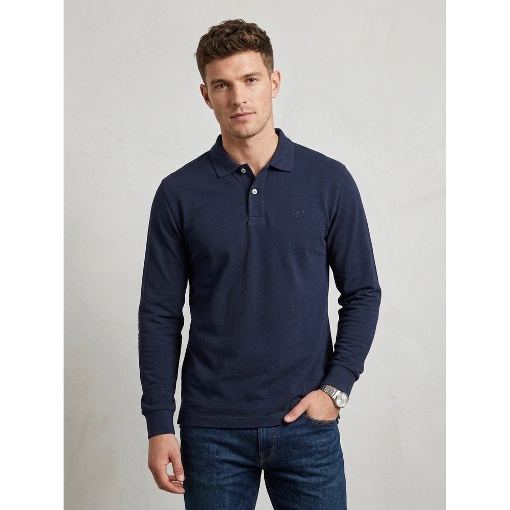 Sergio Tacchini Mens Long Sleeve Polo Shirt Navy Blue Pique Logo Size Large L